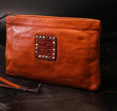 Handmade Leather Mens Clutch Cool Slim Wallet Zipper Clutch Wristlet Wallet for Men
