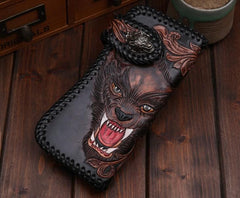 Handmade Leather Wolf Mens Chain Biker Wallet Cool Leather Wallet Long Phone Wallets for Men - imessengerbags