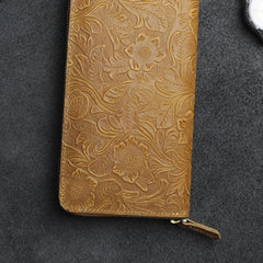 Handmade Leather Floral Mens Cool Travel Long Wallet Card Holder Card Slim Clutch Wallets for Men - imessengerbags