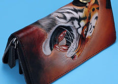 Handmade Leather Tooled Tiger Mens Chain Biker Wallet Cool Leather Wallet Long Clutch Wallets for Men