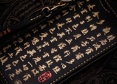 Handmade Leather Mens Chain Chinese Handwriting Biker Wallet Cool Leather Wallet Long Phone Wallets for Men