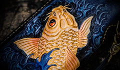 Handmade Leather Men Tooled Carp Cool Leather Wallet Long Phone Wallets for Men - imessengerbags