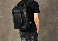 Genuine Leather Mens Cool Backpack Sling Bag Large Black Travel Bag Hiking Bag for men