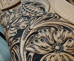 Handmade Leather Biker Wallet Tooled Floral Mens Cool Chain Wallet Trucker Wallet with Chain