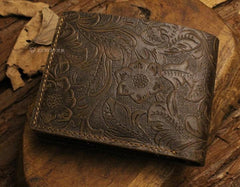 Handmade Leather Floral Mens Cool Slim Leather Wallet Men billfold Wallets Bifold for Men - imessengerbags