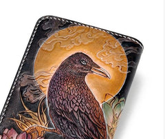 Handmade Leather Mens Clutch Wallet Cool Gold Toad Triped Crow Tooled Wallet Long Zipper Wallets for Men - imessengerbags