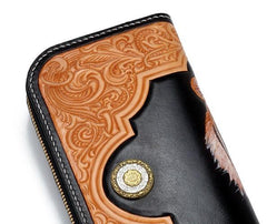 Handmade Leather Mens Clutch Wallet Cool Floral Tiger Tooled Wallet Long Zipper Wallets for Men - imessengerbags