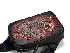 Handmade Leather Tooled Mens Cool Chest Bag Sling Bag Crossbody Bag Travel Bag Hiking Bag for men