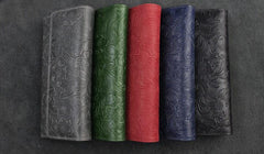 Handmade Leather Floral Mens Cool Travel Long Wallet Card Holder Card Trifold Clutch Wallets for Men - imessengerbags
