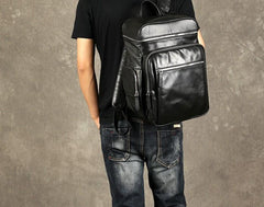 Genuine Leather Mens Cool Backpack Sling Bag Large Black Travel Bag Hiking Bag for men - imessengerbags