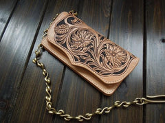 Handmade Leather Biker Wallet Tooled Floral Mens Cool Chain Wallet Trucker Wallet with Chain