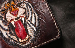 Handmade Leather Tiger Tooled Mens billfold Wallet Cool Leather Wallet Slim Wallet for Men - imessengerbags