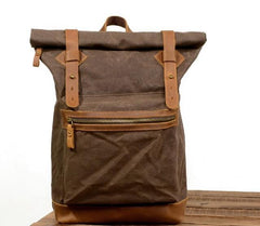 Green Waxed Canvas Leather Mens Cool Backpack Canvas Travel Backpack Canvas School Backpack for Men