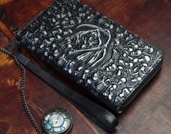 Handmade Leather Mens Tooled Skull Death Cool Zipper Phone Travel Long Wallet Card Holder Card Slim Clutch Wallets for Men - imessengerbags