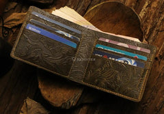 Handmade Leather Floral Mens Cool Slim Leather Wallet Men billfold Wallets Bifold for Men - imessengerbags