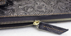 Handmade Leather Floral Tooled Mens Clutch Cool Slim Wallet Zipper Clutch Wristlet Wallet for Men