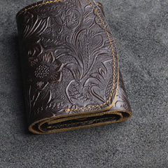 Handmade Leather Floral Mens Trifold Cool billfold Wallet Card Holder Small Card Slim Wallets for Men - imessengerbags
