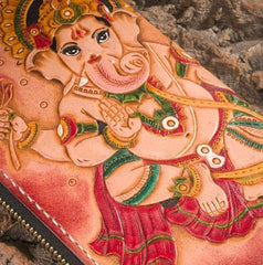 Handmade Leather Mens Clutch Wallet Tooled Cool Ganesha Wallet Long Zipper Wallets for Men