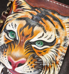Handmade Leather Tiger Tooled Mens Chain Biker Wallet Cool Leather Wallet Long Phone Wallets for Men