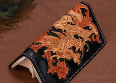 Handmade Leather Mens Clutch Wallet Cool Chinese Dragon Tooled Wallet Long Zipper Wallets for Men - imessengerbags