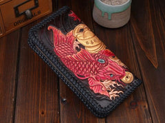 Handmade Leather Mens Clutch Wallet Tooled Cool Carp Wallet Long Zipper Wallets for Men - imessengerbags