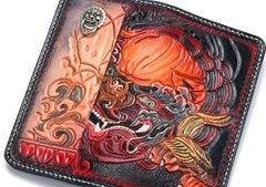Handmade Leather Chinese Lion Mens Chain Biker Wallet Cool Leather Wallet With Chain Wallets for Men - imessengerbags