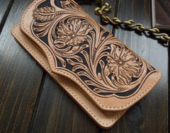 Handmade Leather Biker Wallet Tooled Floral Mens Cool Chain Wallet Trucker Wallet with Chain