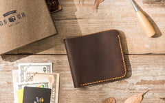 Cool Leather Mens Coffee Slim Small Wallet Bifold Vintage billfold Wallet for Men - imessengerbags