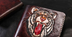 Handmade Leather Tiger Tooled Mens billfold Wallet Cool Leather Wallet Slim Wallet for Men - imessengerbags