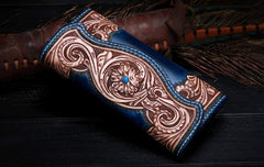 Handmade Leather Mens Tooled Floral Clutch Wallet Cool Wallet Long Wallets for Men Women