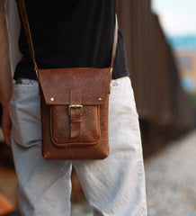 Handmade Vintage Leather Mens Small Messenger Bag Coffee Cell Phone Shoulder Bag for Men - imessengerbags