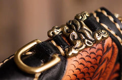 Handmade Leather Tooled Chinese Dragon Mens Chain Biker Wallet Cool Leather Wallet Zipper Long Phone Wallets for Men - imessengerbags