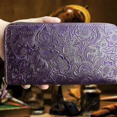 Handmade Leather Floral Mens Cool Travel Long Wallet Card Holder Card Slim Clutch Wallets for Men - imessengerbags