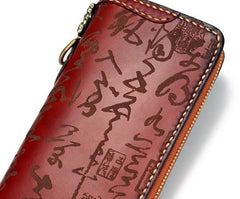 Handmade Leather Mens Chain Chinese Handwriting Biker Wallet Cool Leather Wallet Long Phone Wallets for Men - imessengerbags