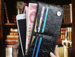 Handmade Leather Floral Mens Cool Travel Long Wallet Card Holder Card Slim Clutch Wallets for Men - imessengerbags