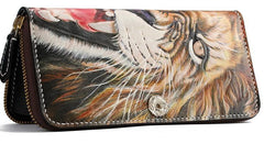 Handmade Leather Tooled Tiger Mens Chain Zipper Biker Wallet Cool Leather Wallet Long Phone Wallets for Men