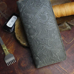 Handmade Leather Floral Mens Cool Travel Long Wallet Card Holder Card Slim Clutch Wallets for Men - imessengerbags