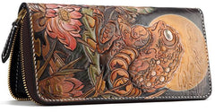 Handmade Leather Mens Clutch Wallet Cool Gold Toad Triped Crow Tooled Wallet Long Zipper Wallets for Men - imessengerbags