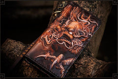 Handmade Leather Tooled Chinese Dragon Mens Chain Biker Wallet Cool Leather Wallet Long Phone Wallets for Men - imessengerbags