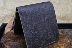 Handmade Leather Floral Mens Cool Slim Leather Wallet Men billfold Wallets Bifold for Men - imessengerbags