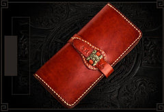 Handmade Leather Men Tooled Chinese Lion Cool Leather Wallet Long Phone Wallets for Men - imessengerbags