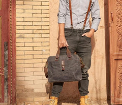 Mens Gray Canvas Briefcase Handbag Work Bag Business Bag for Men - imessengerbags