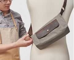 Cool Canvas Leather Mens Sling Bag Chest Bag One Shoulder Pack for men