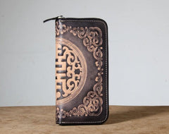 Handmade Genuine Leather Mens Cool Tooled Long Leather Wallet Bifold Clutch Wallet for Men - imessengerbags