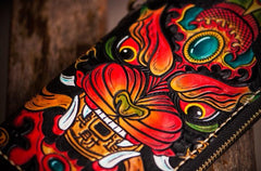 Handmade Leather Tooled Chinese Monster Mens Chain Biker Wallet Cool Leather Wallet Zipper Long Phone Wallets for Men