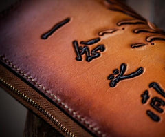 Handmade Leather Mens Clutch Wallet Cool Buddha&Demon Tooled Wallet Long Zipper Wallets for Men - imessengerbags