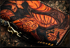 Handmade Leather Tooled Black and White Mens Chain Biker Wallet Cool Leather Wallet Long Phone Wallets for Men - imessengerbags