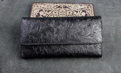 Handmade Leather Floral Mens Cool Travel Long Wallet Card Holder Card Trifold Clutch Wallets for Men - imessengerbags