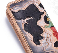 Handmade Leather Mens Clutch Wallet Cool Carp Tooled Wallet Long Zipper Wallets for Men - imessengerbags