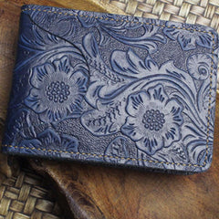 Handmade Leather Floral Mens License Wallets Cool Short Wallet Card Holder Small Card Slim Wallets for Men